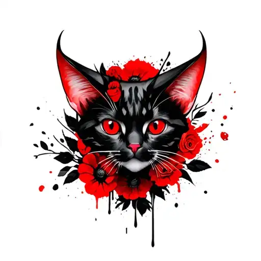 Cat demon with only one red horn in the middle of the head, red eyes, and black and red flowers at the background  tattoo design idea