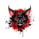Cat demon with only one red horn in the middle of the head, red eyes, and black and red flowers at the background  tattoo design idea