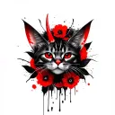Cat demon with only one red horn in the middle of the head, red eyes, and black and red flowers at the background  tattoo design idea