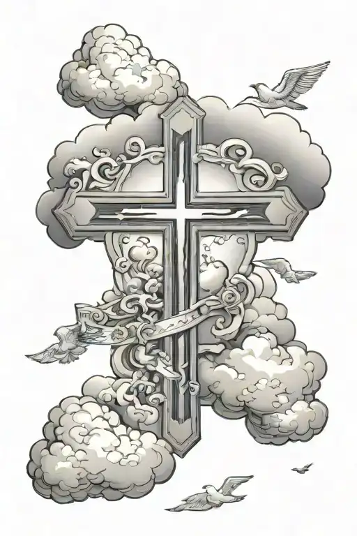 cross with clouds and bible verse tattoo design idea