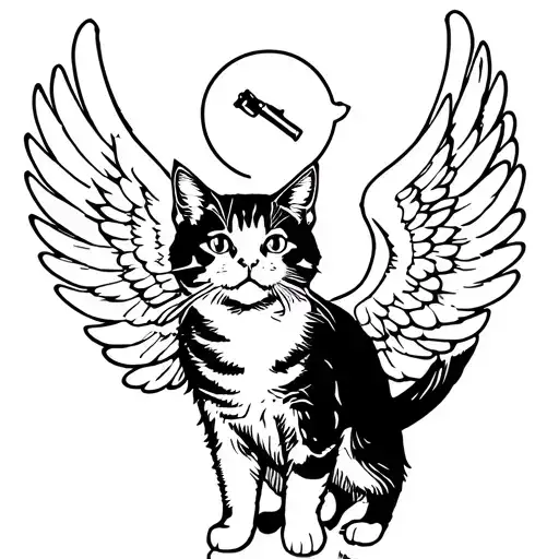 The cat standing on the hind legs. On his back he has angelic wings, above his head is a nymph. Also at the kitten in the paws of the machine gun tattoo design idea