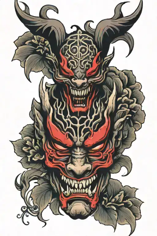 split oni mask with red spider lilys  tattoo design idea