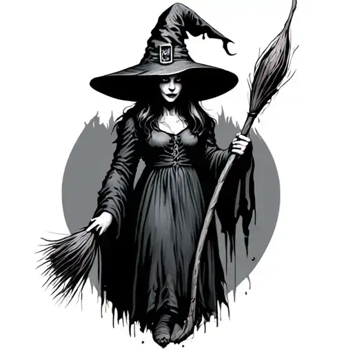 creepy, realistic witch holding a broomstick with a dark creepy background tattoo design idea