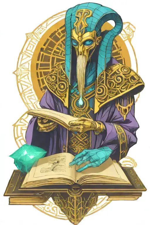 thoth god holding books surrounded tattoo design idea
