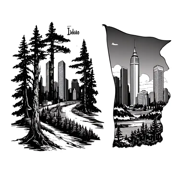 idaho like forest on the left and Dallas city on the right  tattoo design idea