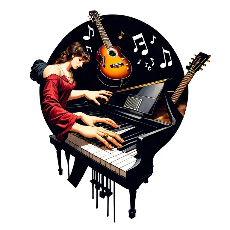 a musical notes in the air with hands playing a piano with a couple of rings on the fingers with a guitar in the back tattoo design idea