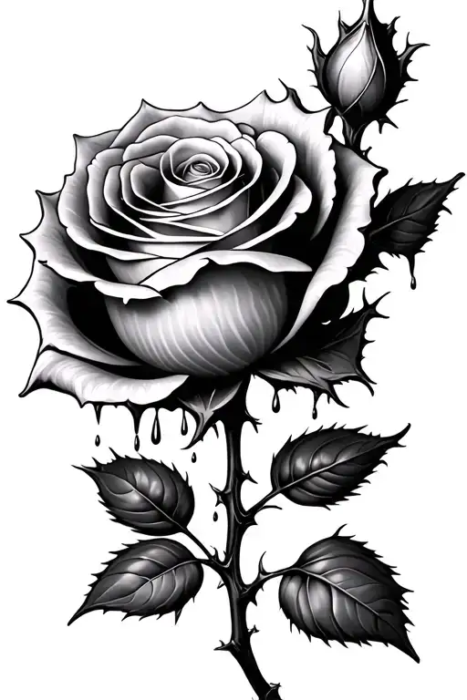 rose petals open, stem with thorns, with rain tattoo design idea
