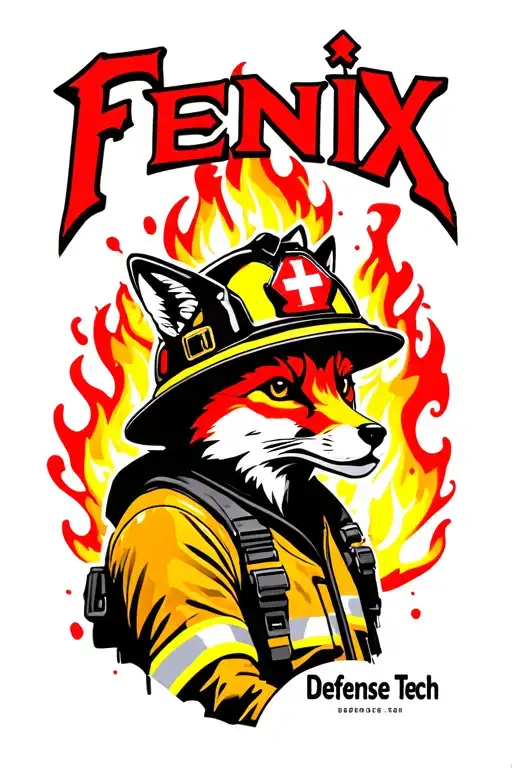 "Fenix Defense Tech" Fox wearing firefighter gear, surrounded by flames. Helmet has maltese cross fire symbol. tattoo design idea