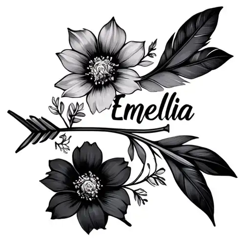arrow and feather/flower theme with names. Emelia with feather and flowers in shape of arrow. Liam in arrow shape  tattoo design idea