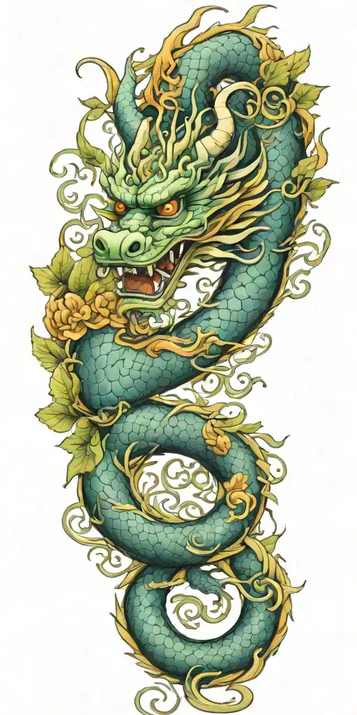 Chinese dragon wrapped round intertwined with nature elements with face displaying quiet strength, wisdom tattoo design idea