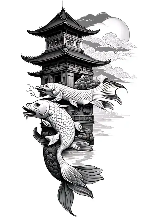 leg sleeve of Japanese style building, warrior and koi fish tattoo design idea