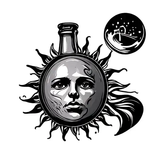 Sun and alcohol bottle tattoo design idea
