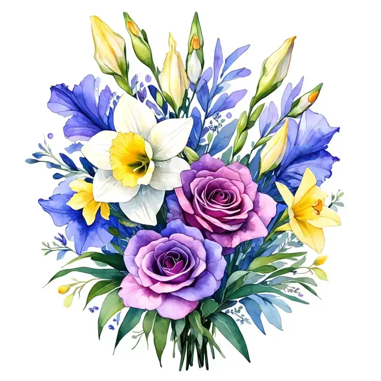 gladiolus, daffodil, rose, sweet pea family birth flower bouquet tattoo design idea