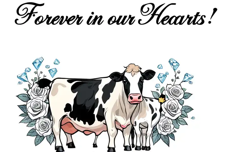 "Forever in our Hearts " "Forever in our Hearts " "Forever in our Hearts " "Forever in our Hearts " "Forever in our Hearts " "Forever in our Hearts " Roses, diamonds,cow, and baby cow  tattoo design idea
