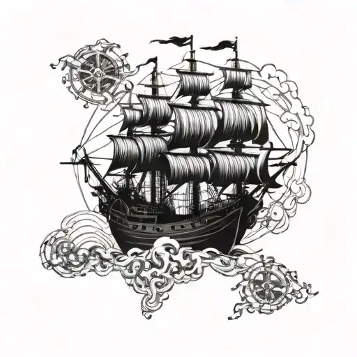 i want a pirate ship whit many cannons whit a map above it tattoo design idea