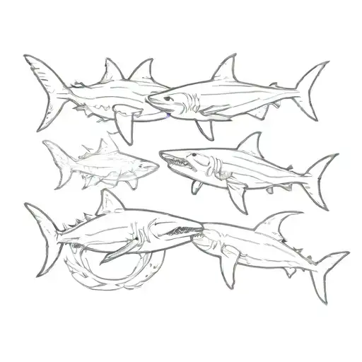 three white sharks swimming forming a circle, sketch tattoo design idea
