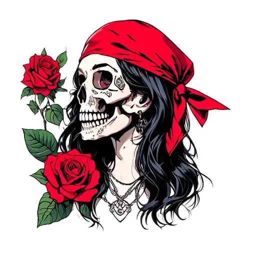 skulls and rose hot dope girl with red bandana  tattoo design idea
