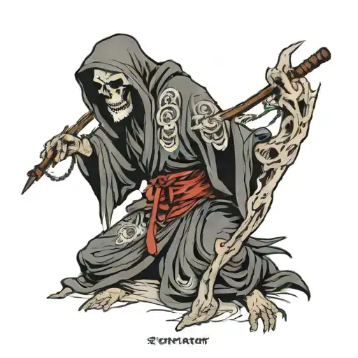 a grim reaper squatting tattoo design idea