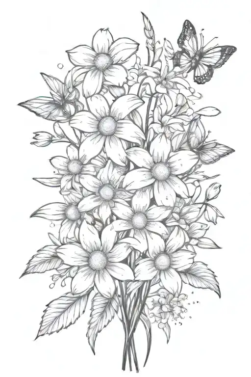 daisies and daffodils bouquet with sprinkling of cherry blossoms, snow drops, violets, filler, stems tattoo design idea