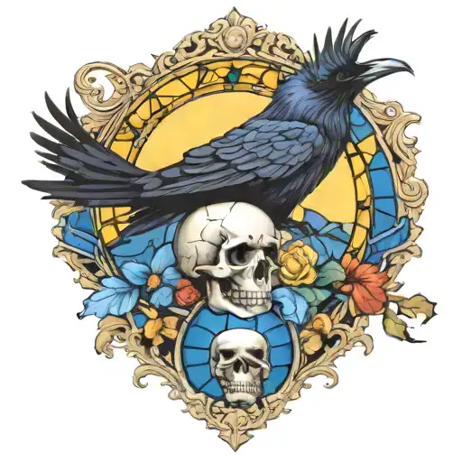 raven flying with a skull with amanitas as border with blue stained glass background tattoo design idea