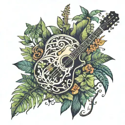 xcaret jungle with animals, vines and trees with acoustic guitar as a trunk tattoo design idea