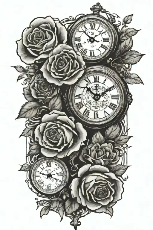A vintage clock with roses growing underneath   tattoo design idea