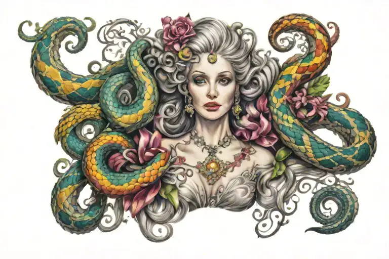 A large tattoo stretching across the cleavage and shoulders. Baroque style tendrils with colourful diamonds and Snakes tattoo design idea