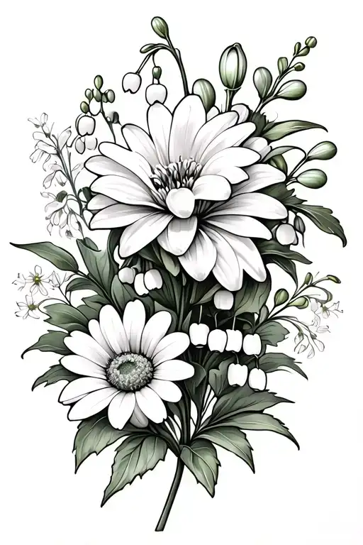 flower tattoo of lily of the valley, chrysanthemum, daisy and larkspurs tattoo design idea