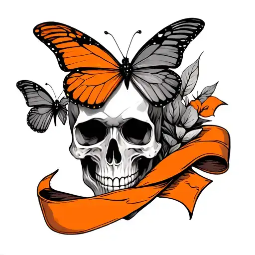 skull, butterfly and orange ribbon  tattoo design idea