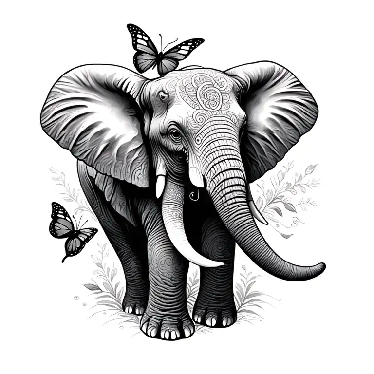 elephant with semicolon butterfly surrounded tattoo design idea