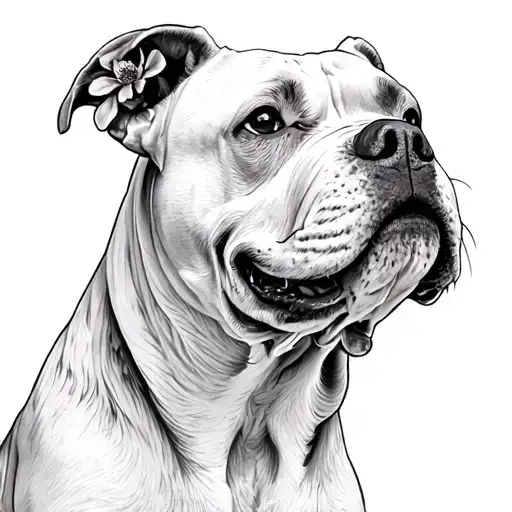 White Pitbull Face with Cerez Flowers tattoo design idea