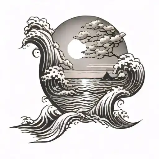 sunset scene with some waves through it and a distorted optical illusion type feeling tattoo design idea