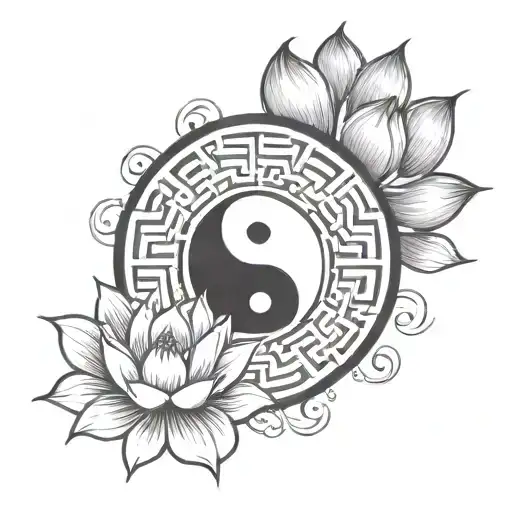 yin yang with endless knot and lotus flower  intertwined tattoo design idea