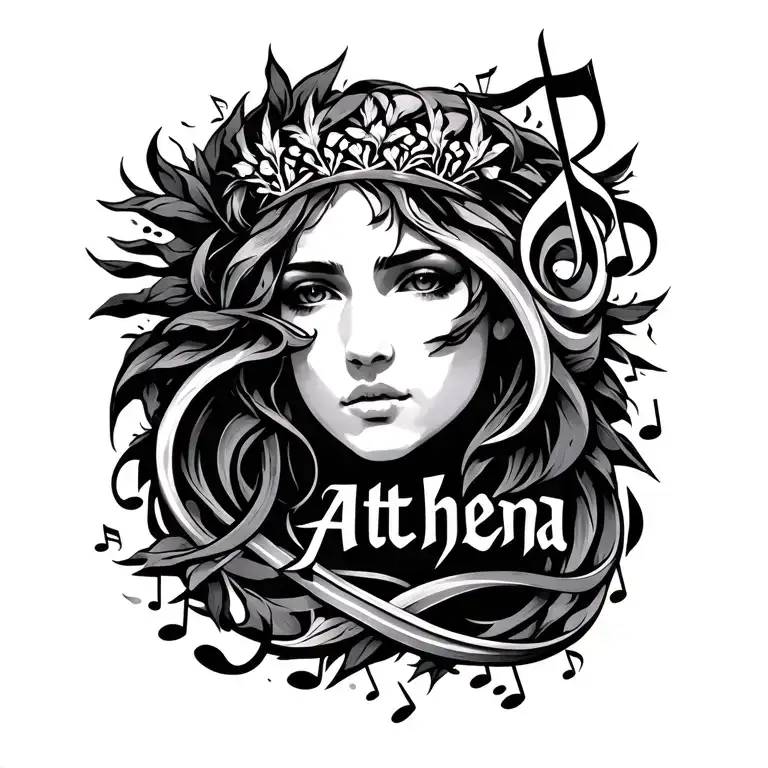 the name Athena with music notes intertwined tattoo design idea