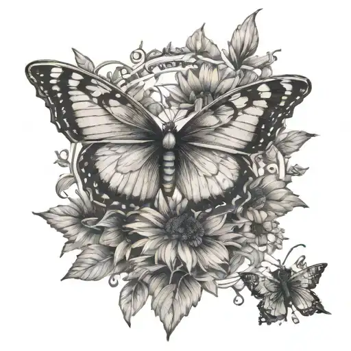 butterfly in the middle surrounded by ,sunflowers,bees,olive branches. Romans 8:28 at the bottom tattoo design idea