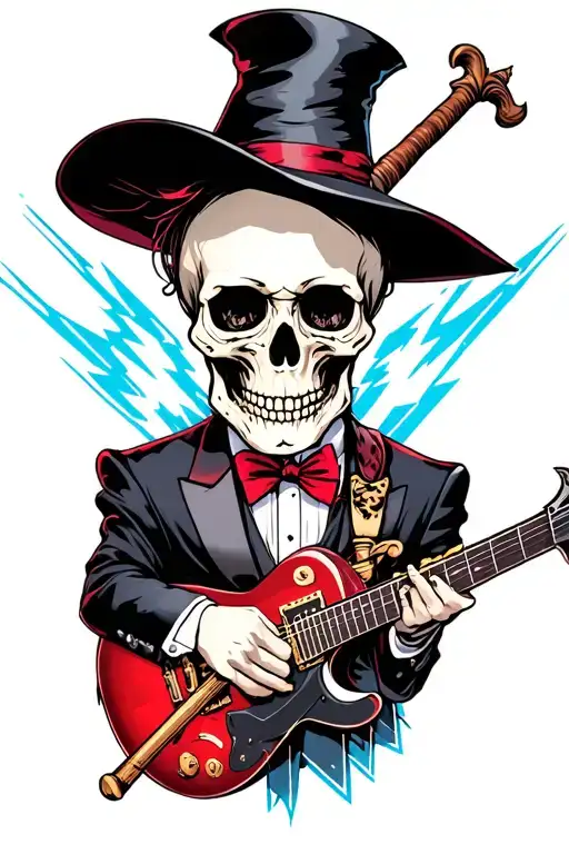 human skull with a guitar wearing black red tuxedo magician hat and a cane sword with blue lightning in the back ground tattoo design idea