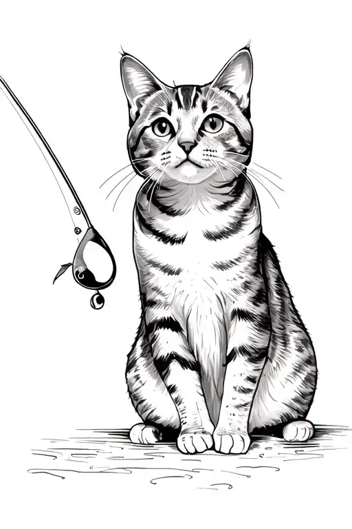 gray tabby cat fishing tattoo design idea