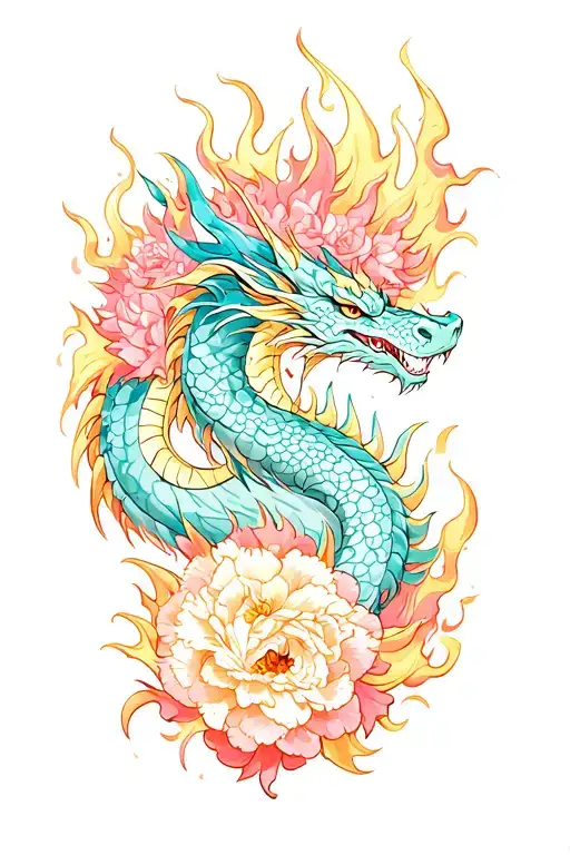 sleeve with dragon in color and leopard print peonies and flames tattoo design idea