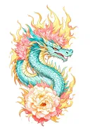 sleeve with dragon in color and leopard print peonies and flames tattoo design idea