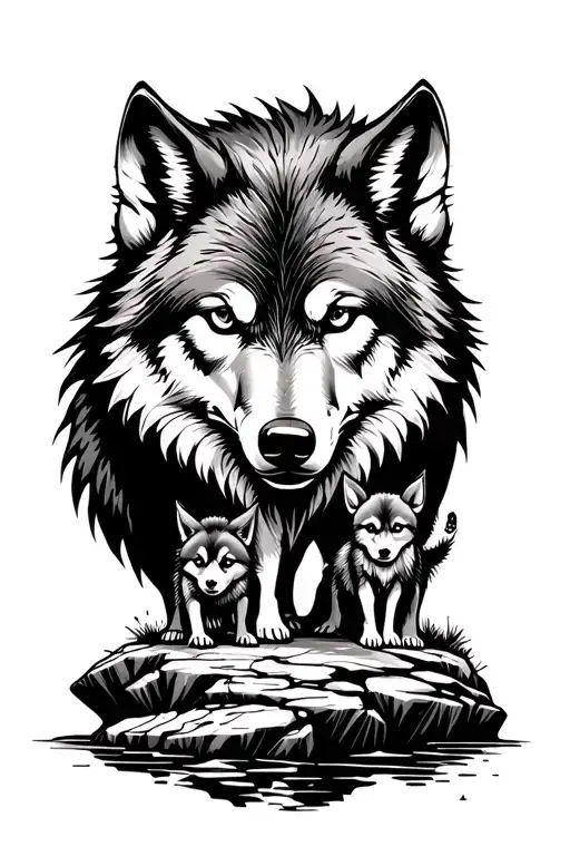 Wolf and little brother on a rocks forming the shape tattoo design idea