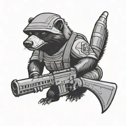 cartoon honey badger with tactical gear wearing a russian uchanka tattoo design idea