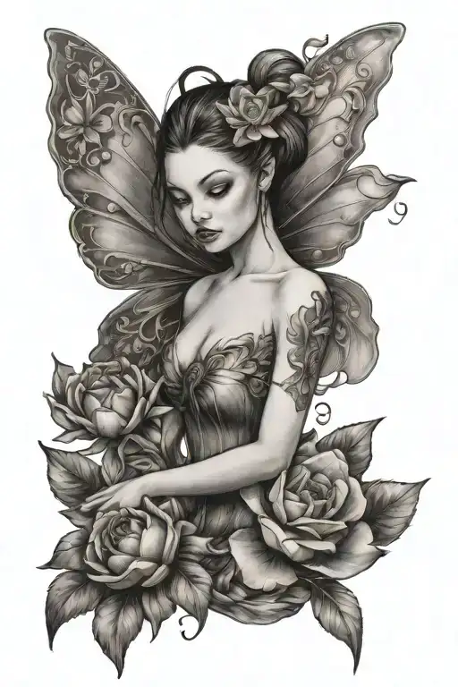 ballerina in a fairy costume holding a flower blooming tattoo design idea