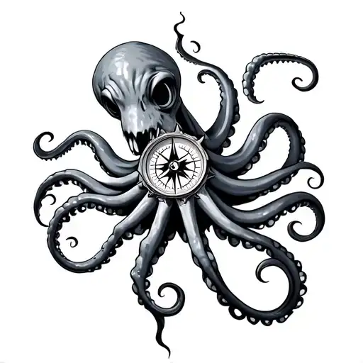 a kraken holding a compass tattoo design idea