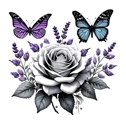 lavender, rose, daphne, 3 butterflies fluttering tattoo design idea