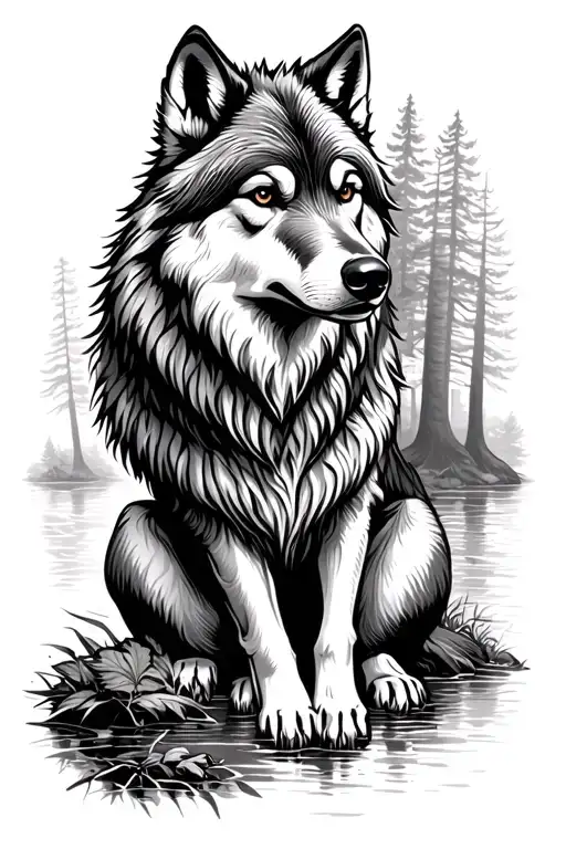 Sitting Wolf in the forest near the river tattoo design idea