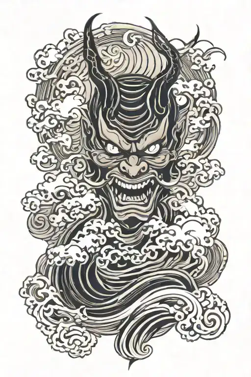 Mask of an evil demon They are in the center of the image, clouds on the top and waves below, more aggression and fear  tattoo design idea