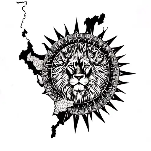 a minimal tattoo design combining the current map of Iran, with the Shir-o-Khorshid (Lion and Sun) symbol from ancient tattoo design idea