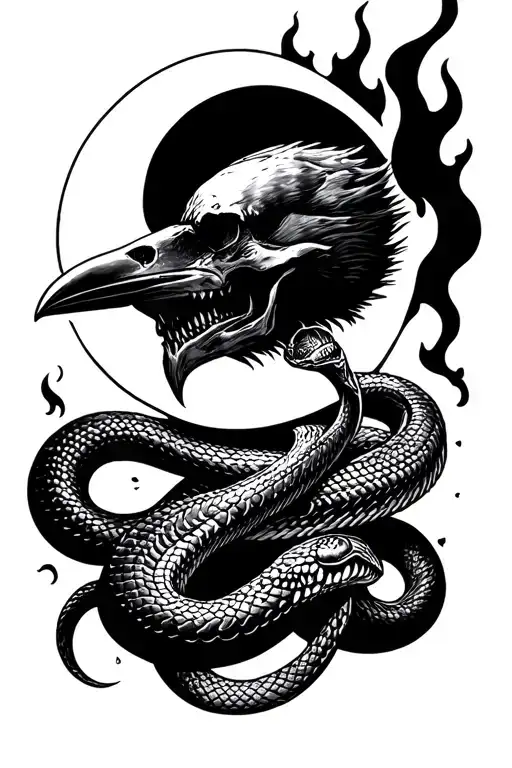 moon, fire, raven skull and snake slithering in forearm tattoo design idea