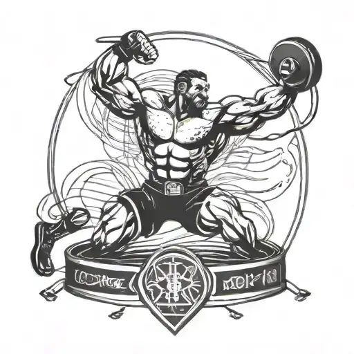 A wrestling ring with intricate details and dynamic movement, incorporating elements of weight lifting equipment tattoo design idea