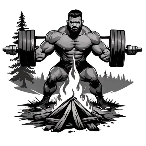 powerlifting and the outdoors with a campfire tattoo design idea